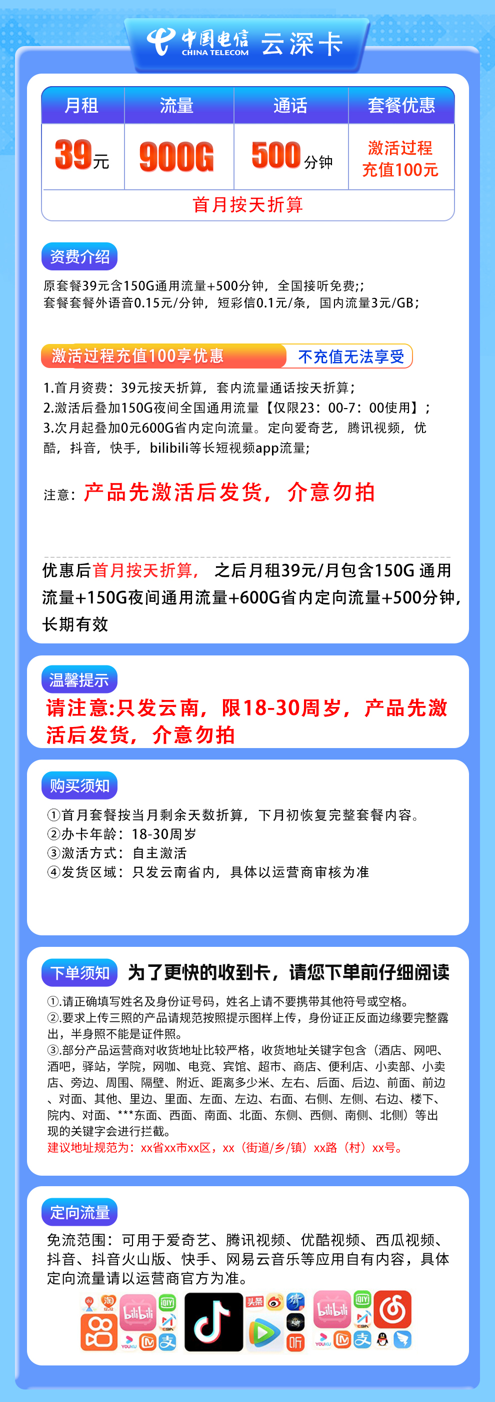 云南电信云深卡详情