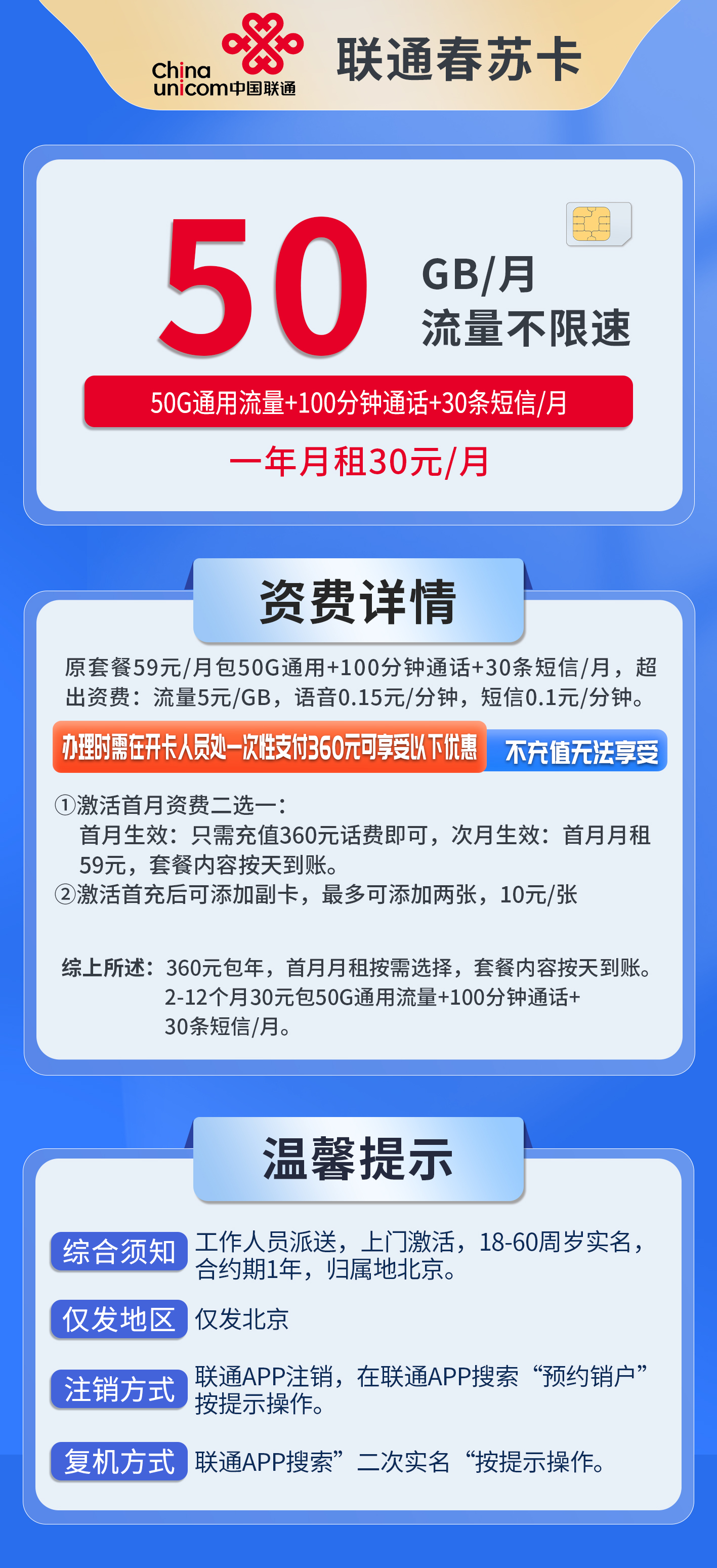 北京联通春苏卡详情