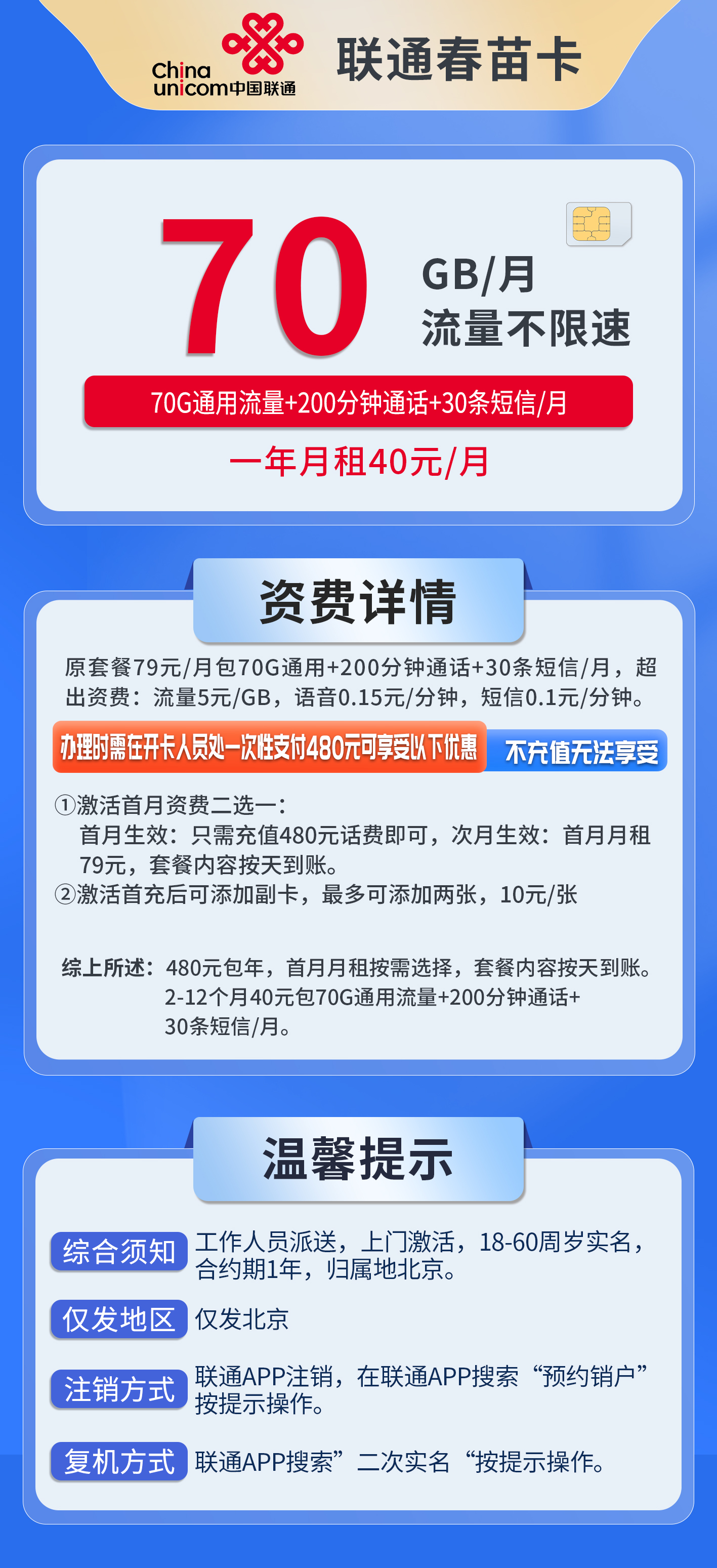 北京联通春苗卡详情