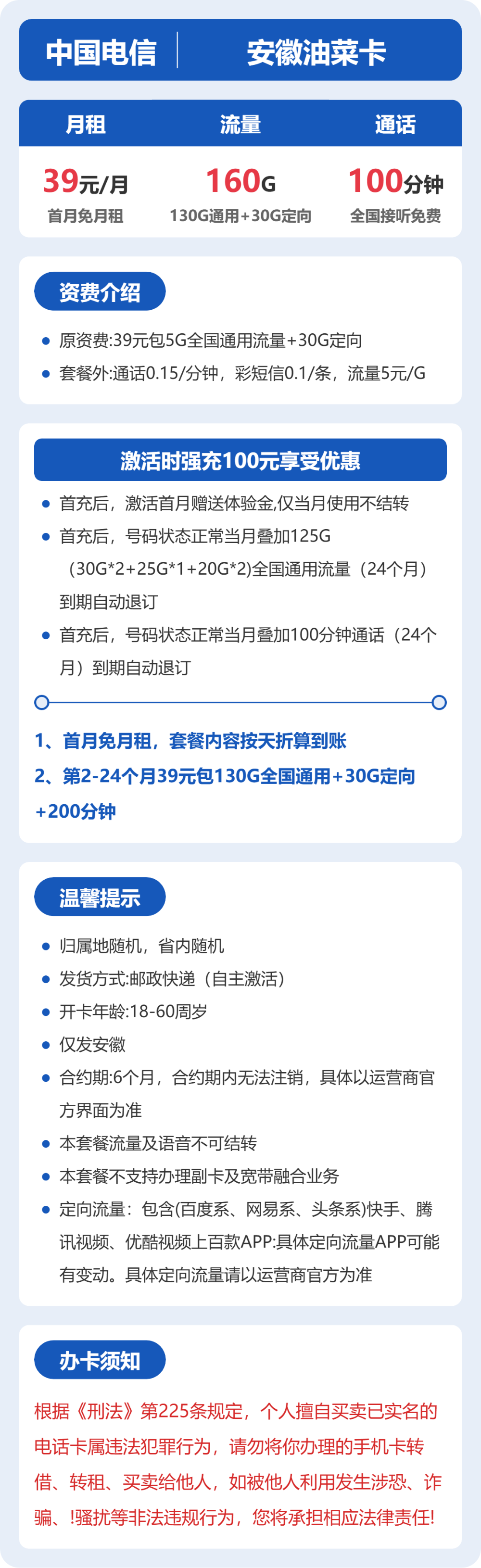 安徽电信油菜卡详情