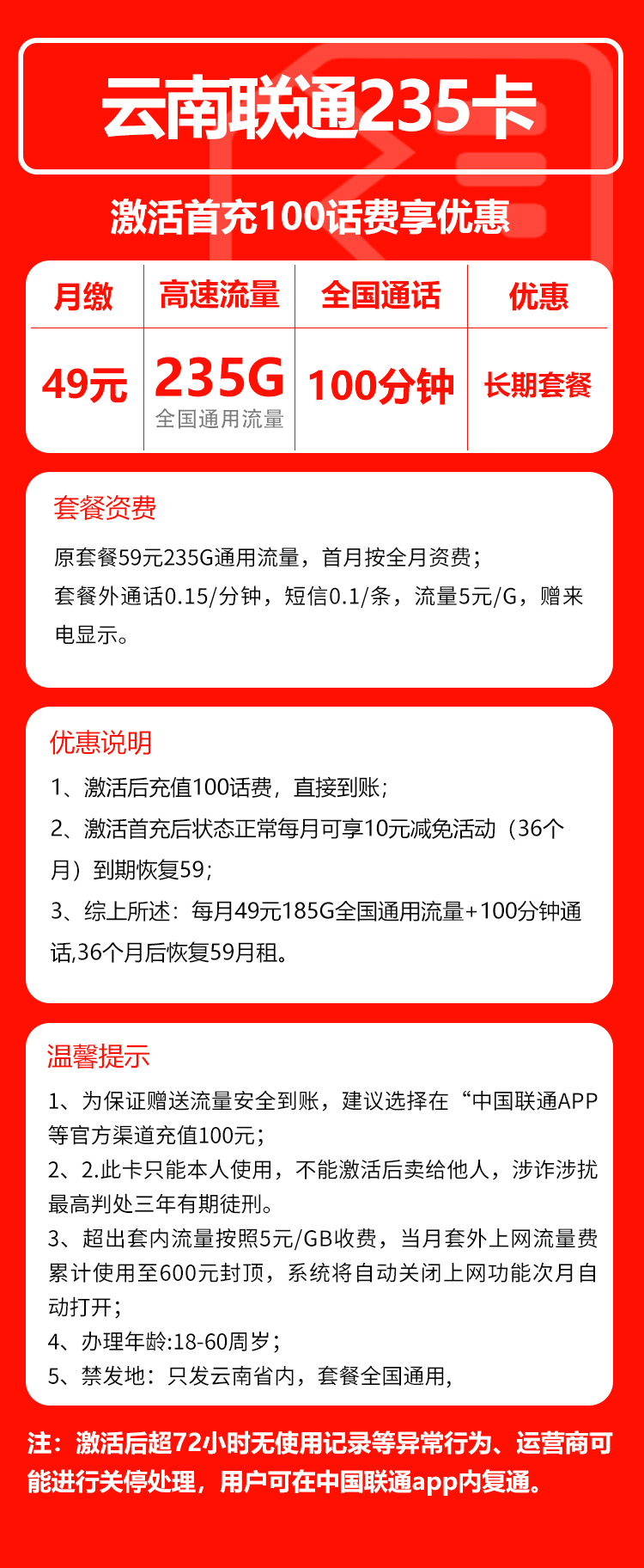 云南联通省内卡详情