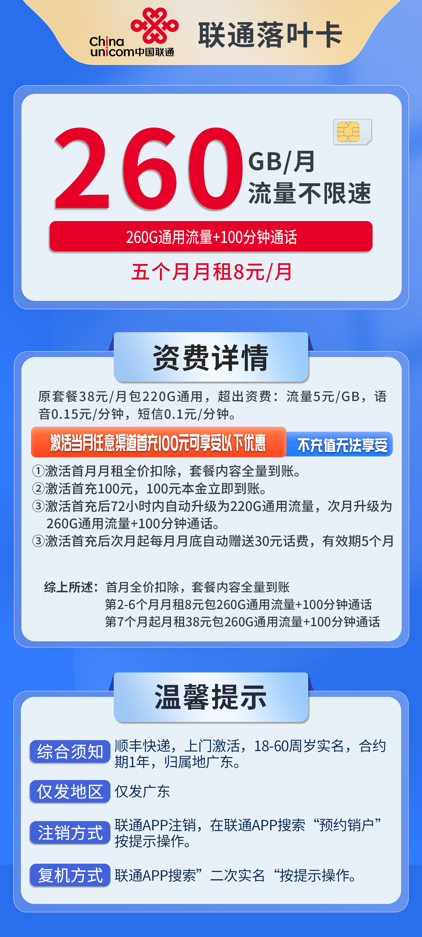 广东联通落叶卡详情
