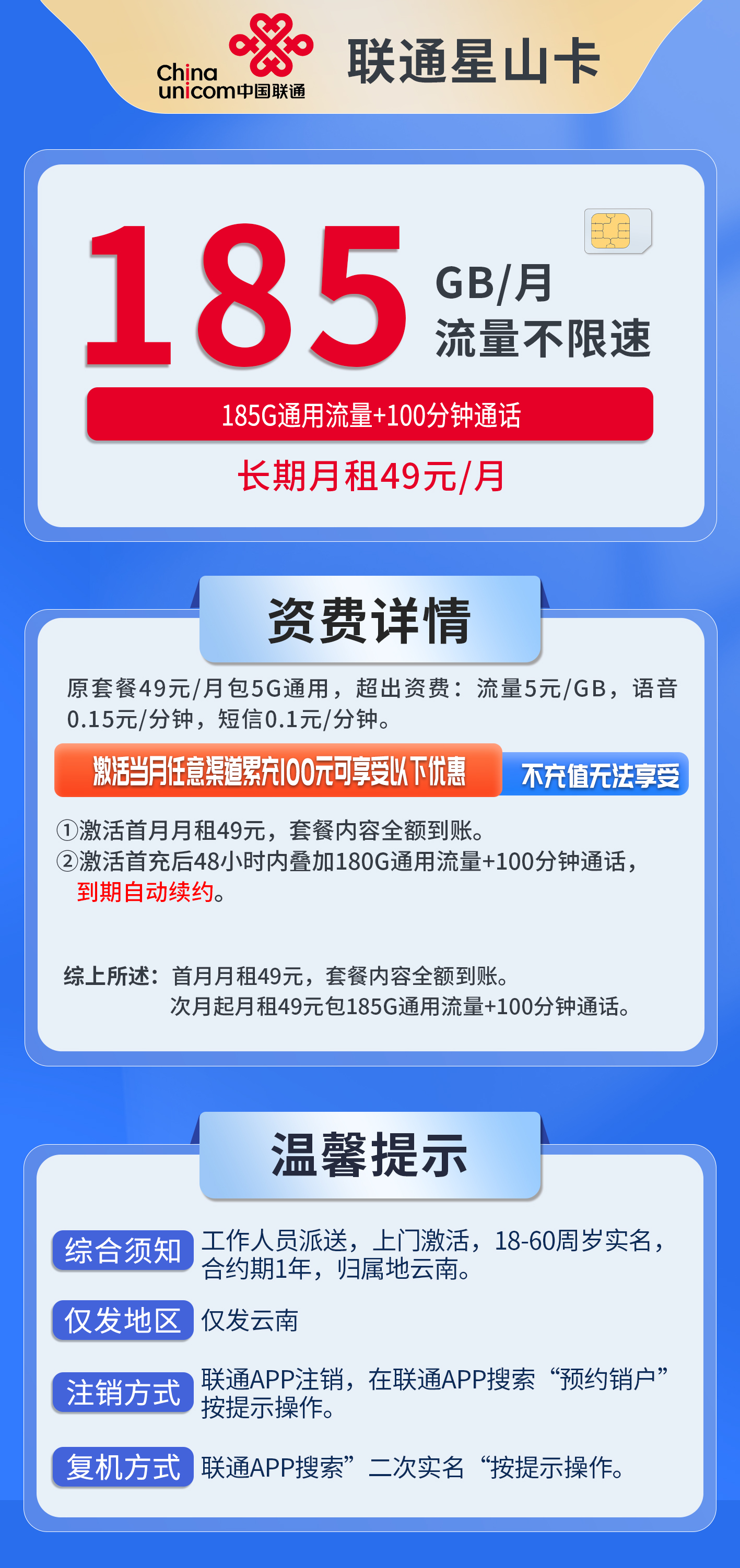 云南联通星山卡详情