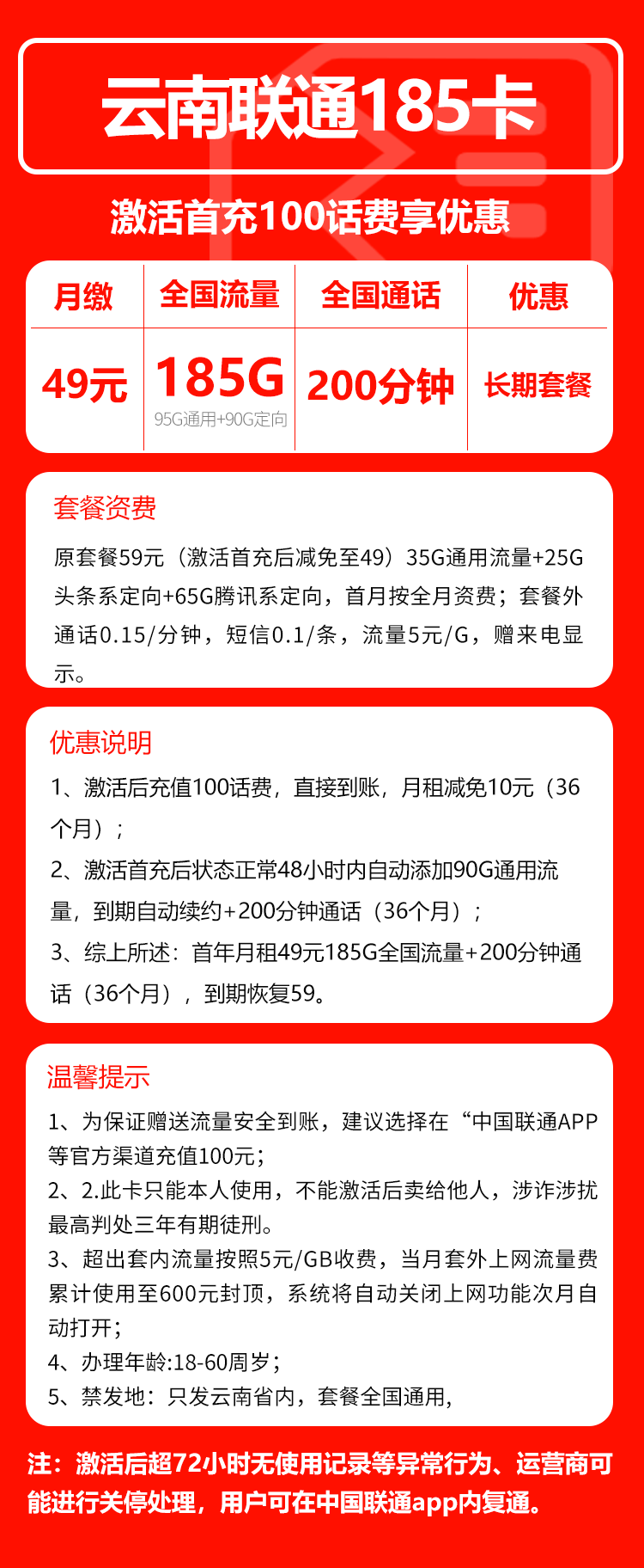 云南联通省内卡详情