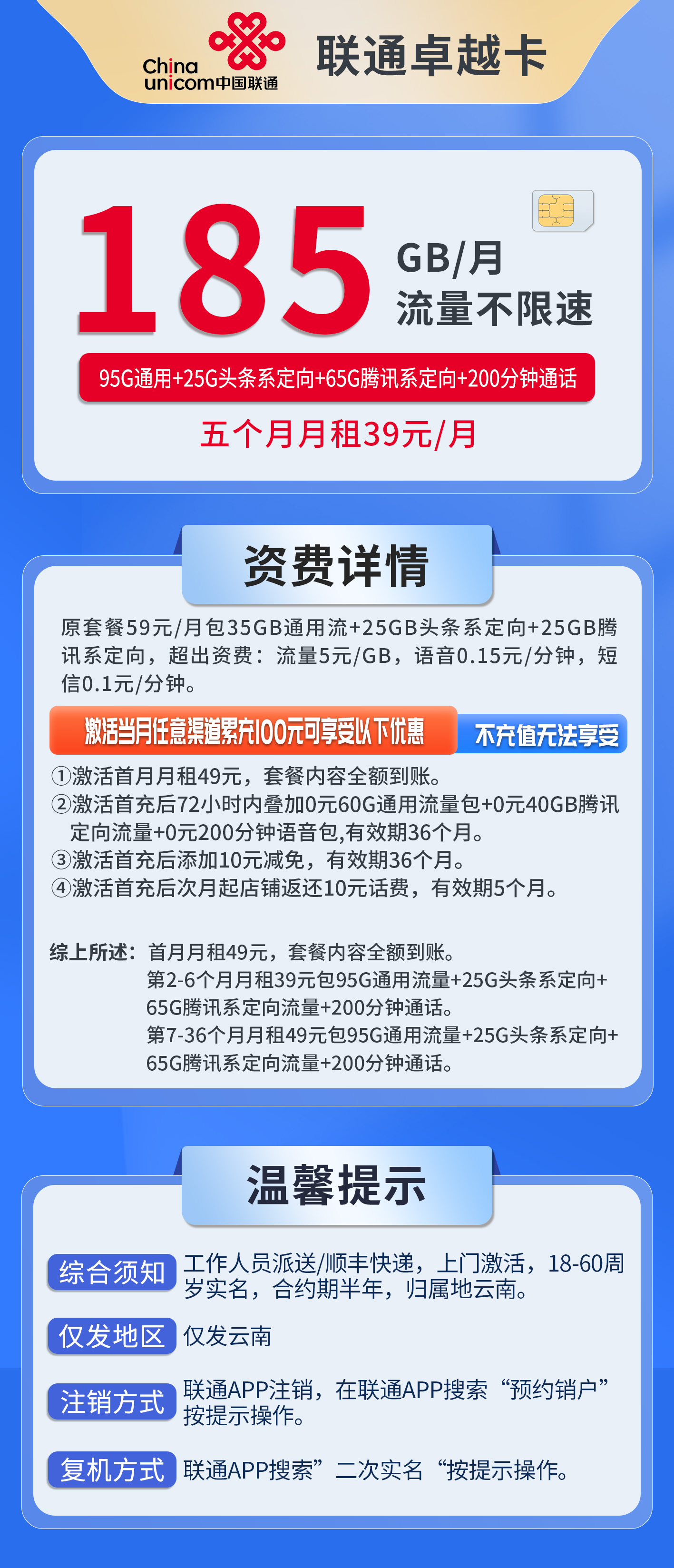 云南联通卓越卡详情