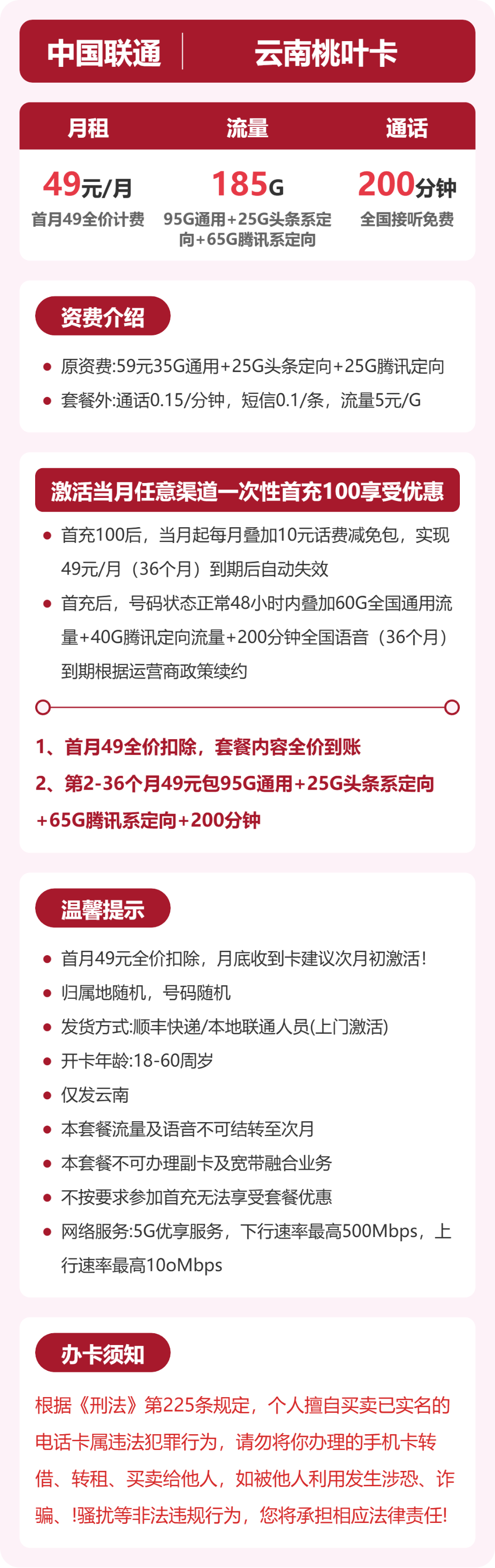 云南联通桃叶卡详情