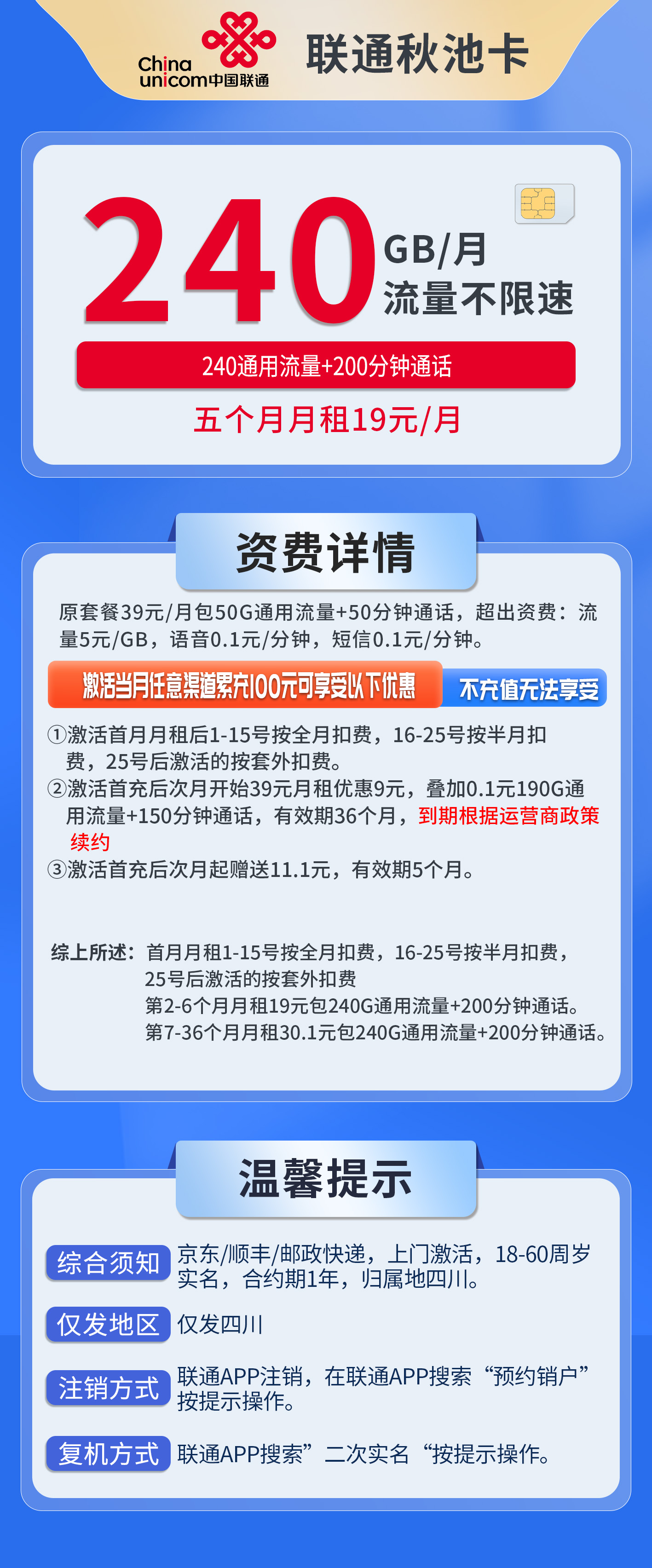 四川联通秋池卡详情