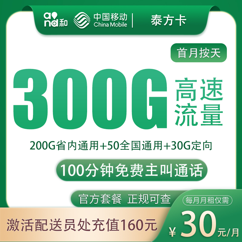 山东移动泰方卡 - G1移动泰方卡30元300G+100分钟【只发山东】 - 流量卡免费办理