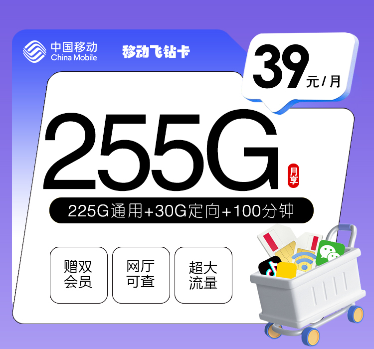 移动飞钻卡 - 39元255G+100分钟+双会员，仅发广东 - 流量卡免费办理