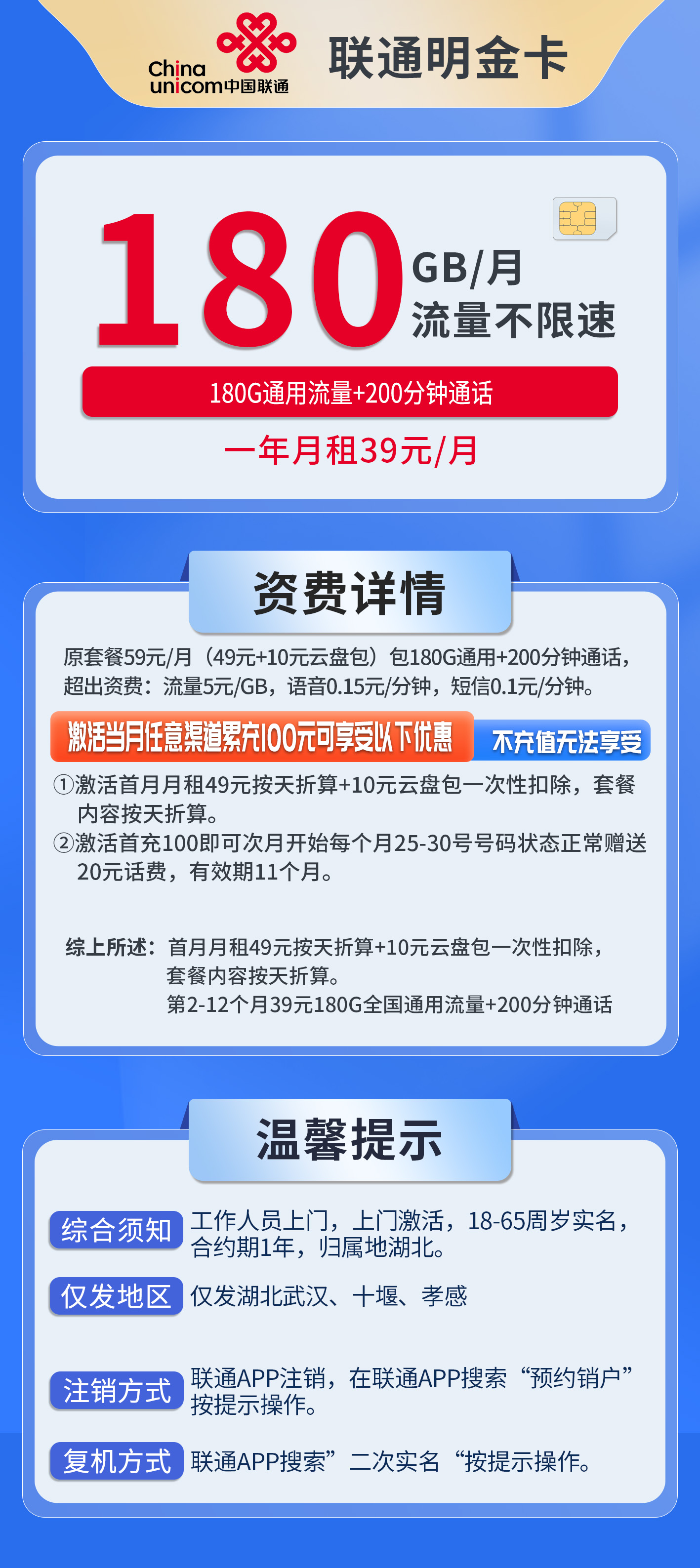湖北联通明金卡详情