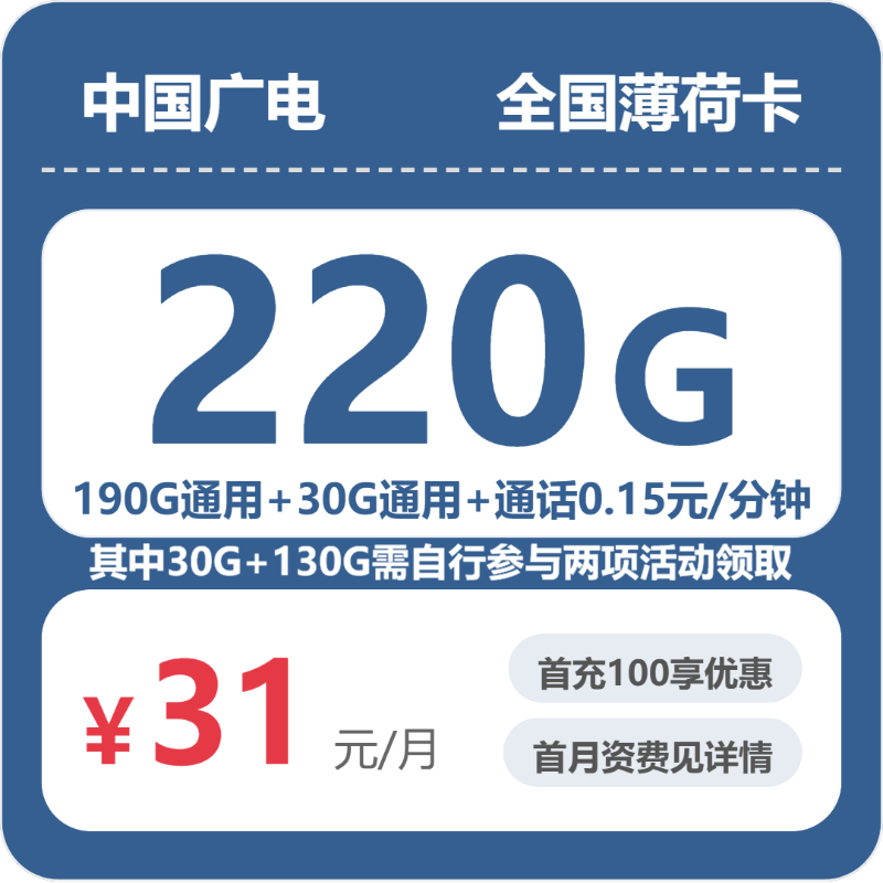 广电薄荷卡 - 全国薄荷卡31元包220G+0.15元/分钟 - 流量卡免费办理