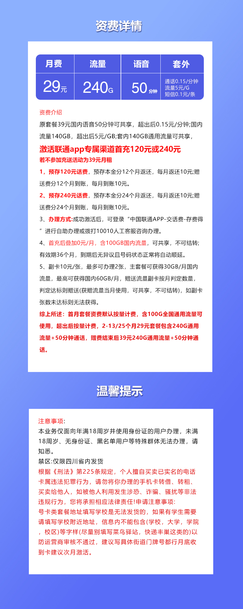 四川联通专享卡详情