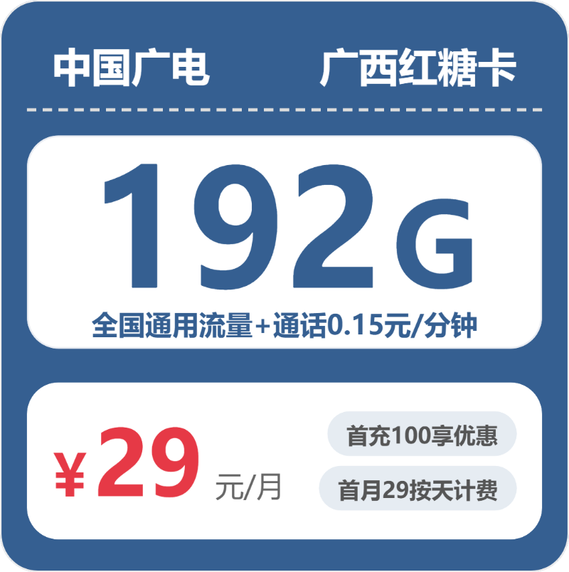 广西广电红糖卡 - 广西红糖卡29元包192G+0.15元/分钟 - 流量卡免费办理