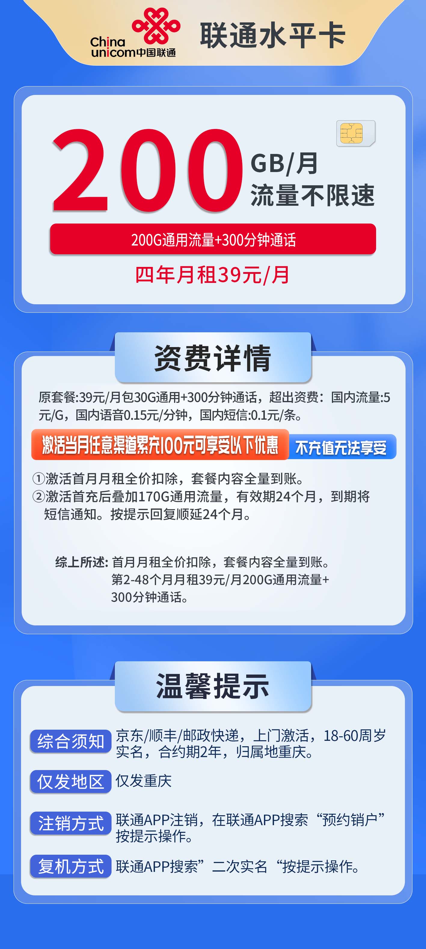 重庆联通水平卡详情