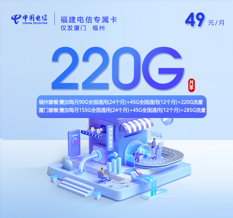 福建电信专属卡 - 49元220/285G+480分钟+450条短信,只发厦门  福州 - 流量卡免费办理