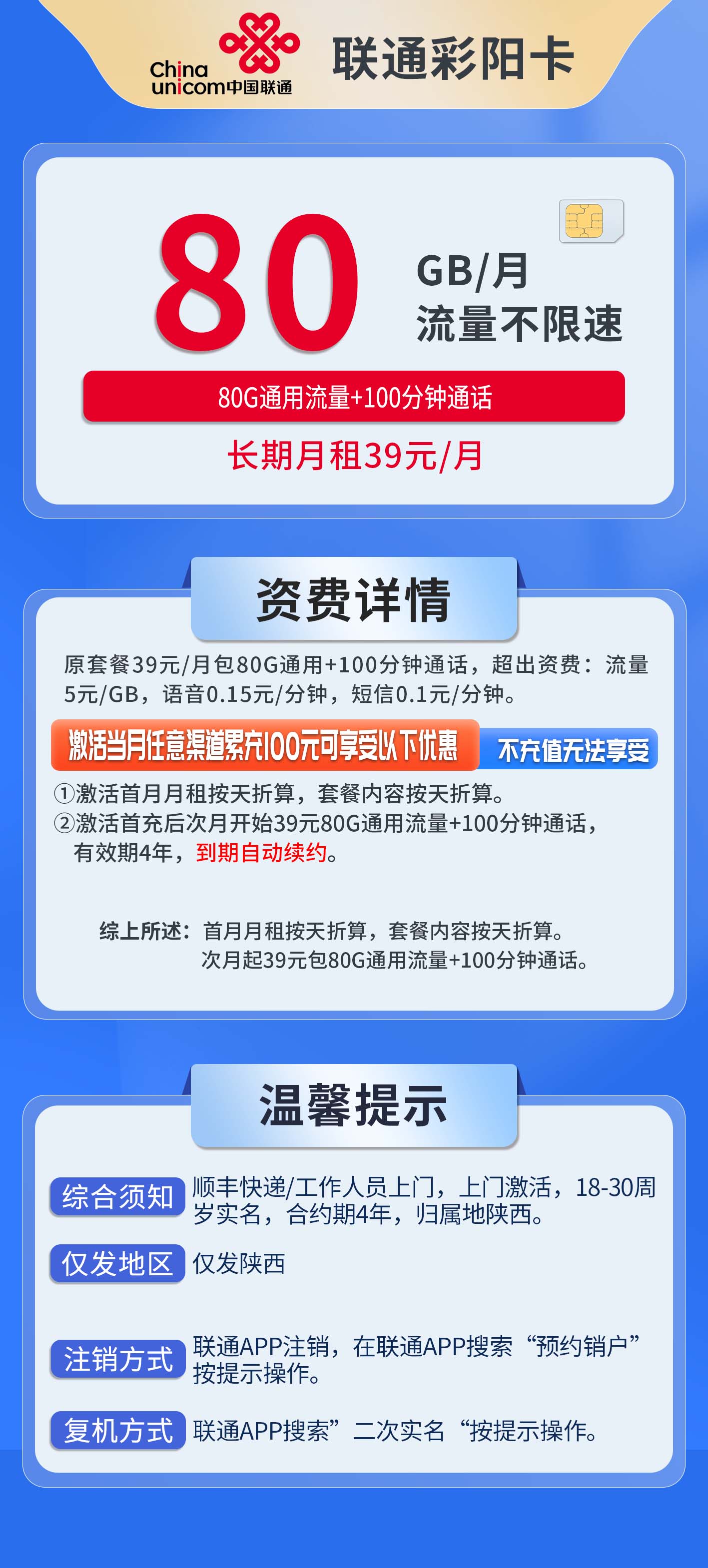 陕西联通彩阳卡详情