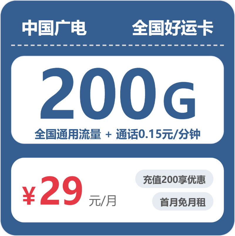 广电好运卡 - 全国好运卡29元包200G+0.15元/分钟 - 流量卡免费办理