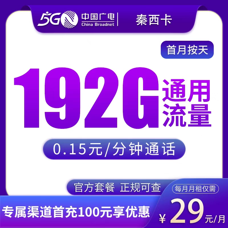 陕西广电秦西卡 - N广电秦西卡29元192G【只发陕西】 - 流量卡免费办理