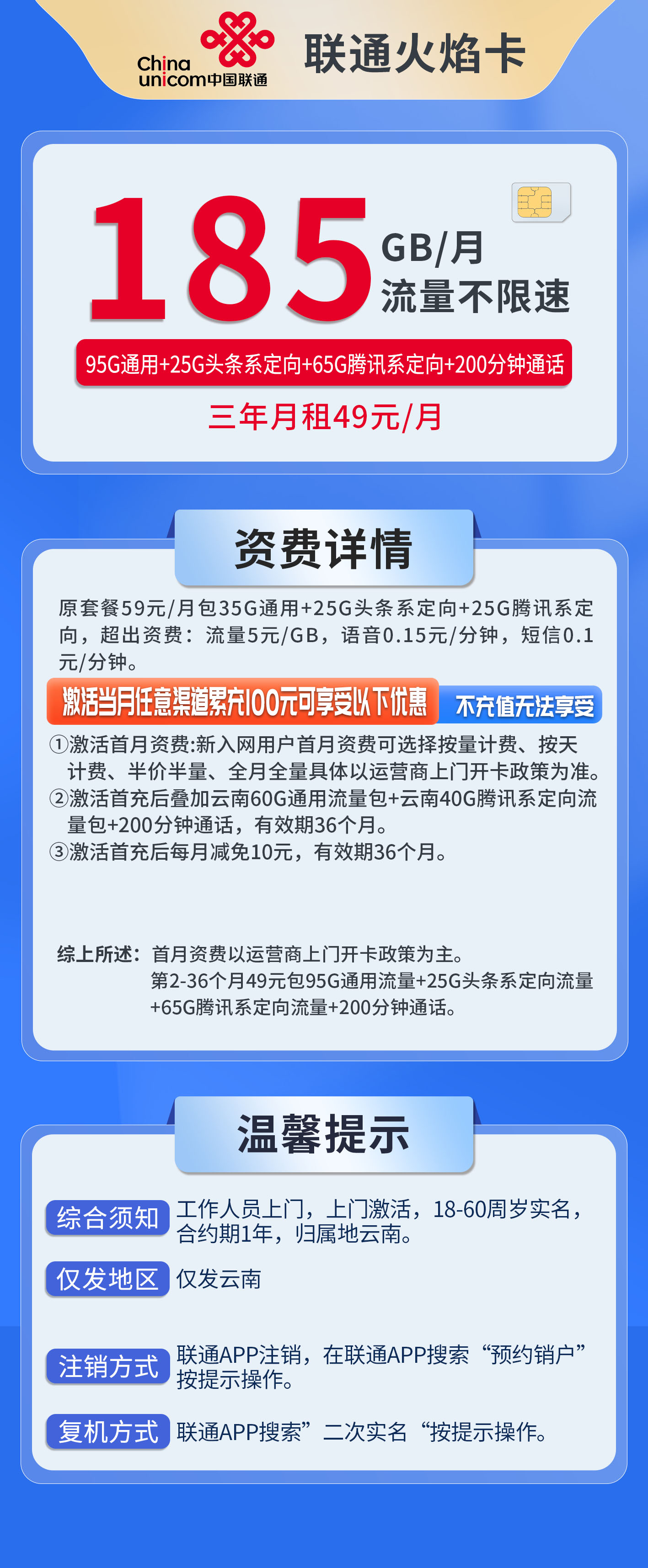 云南联通火焰卡详情