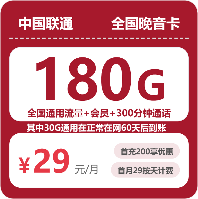 联通晚音卡 - 全国晚音卡29元包180G+200分钟 - 流量卡免费办理