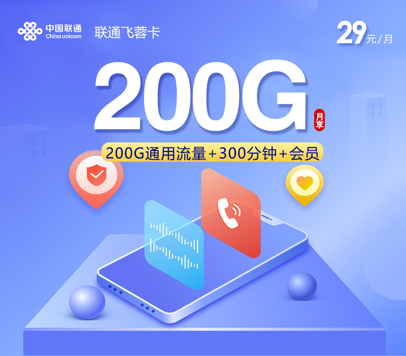 联通飞蓉卡 - 29元200G通用+200分钟，三照+公安码发全国,前3个月免费用 - 流量卡免费办理