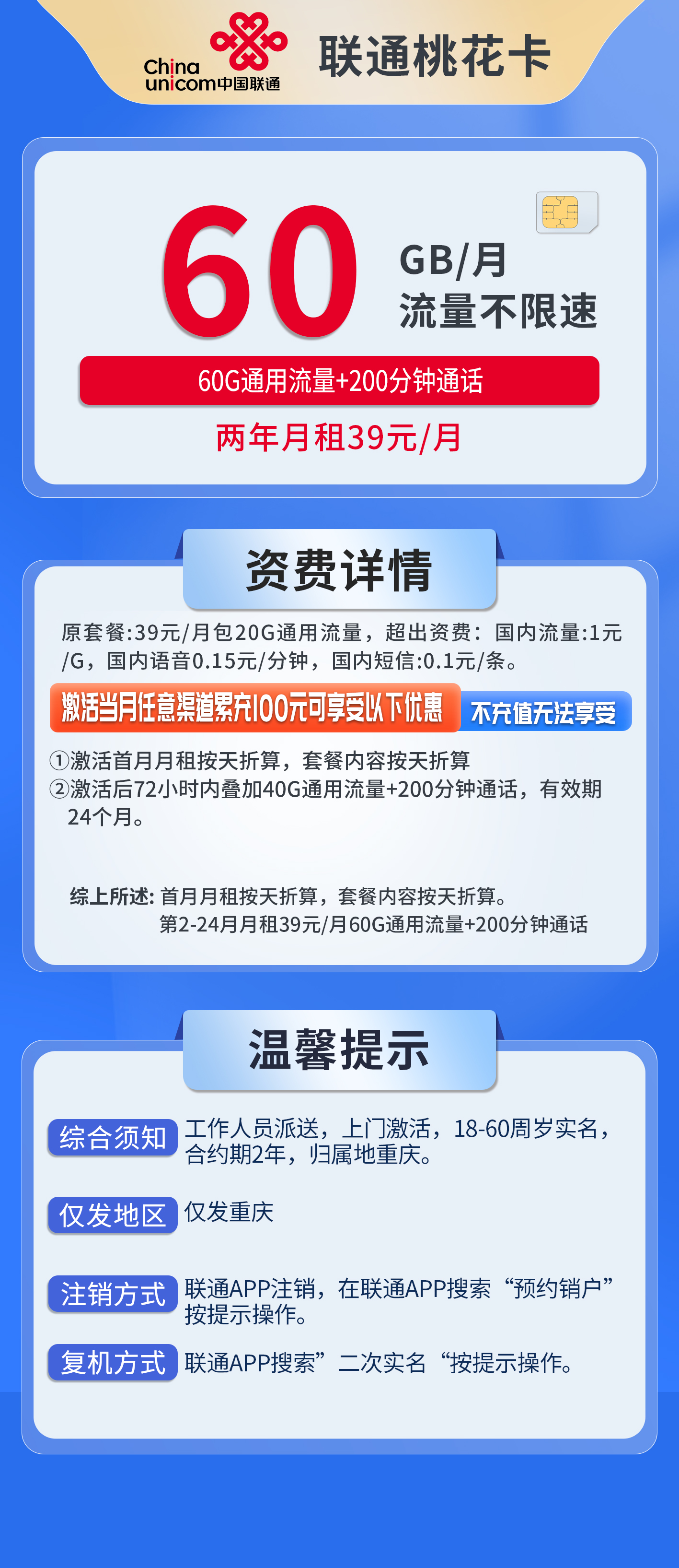 重庆联通桃花卡详情