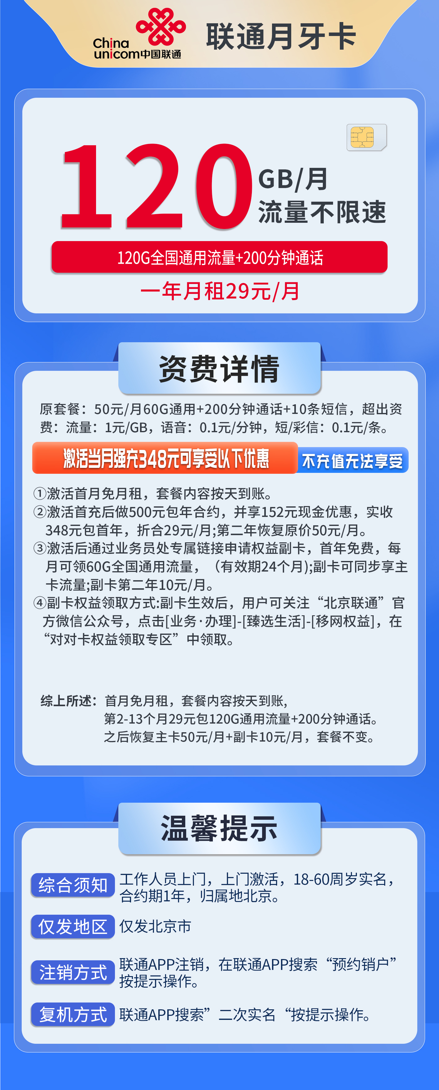 北京联通月牙卡详情