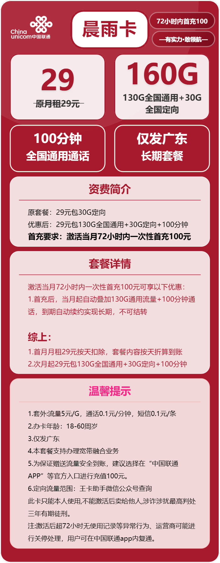 广东联通晨雨卡详情