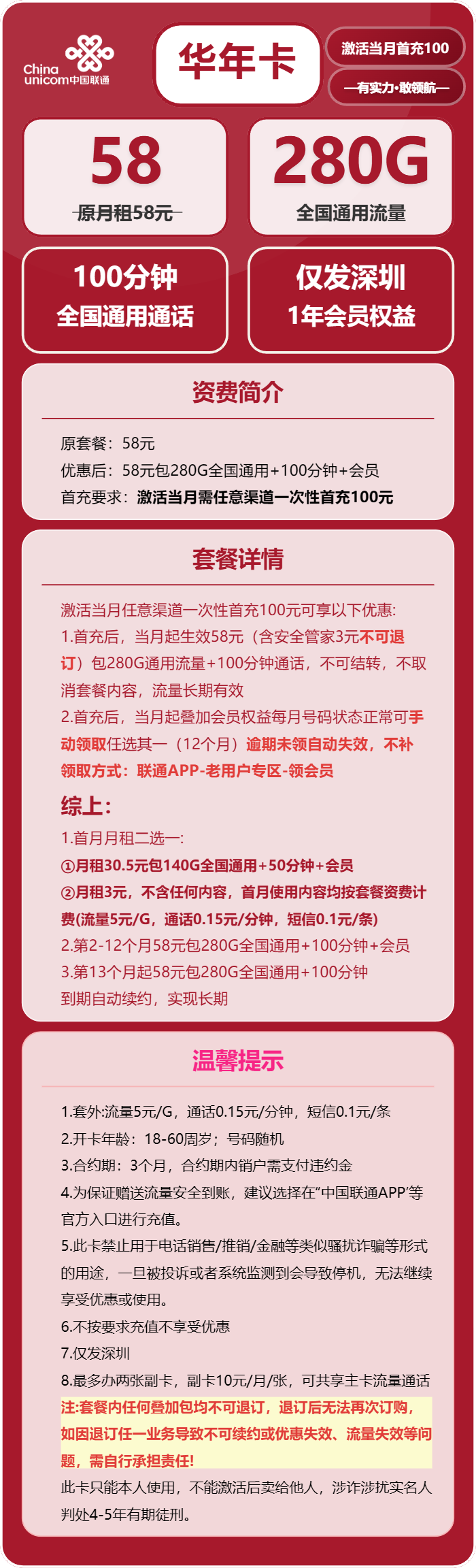深圳联通华年卡详情