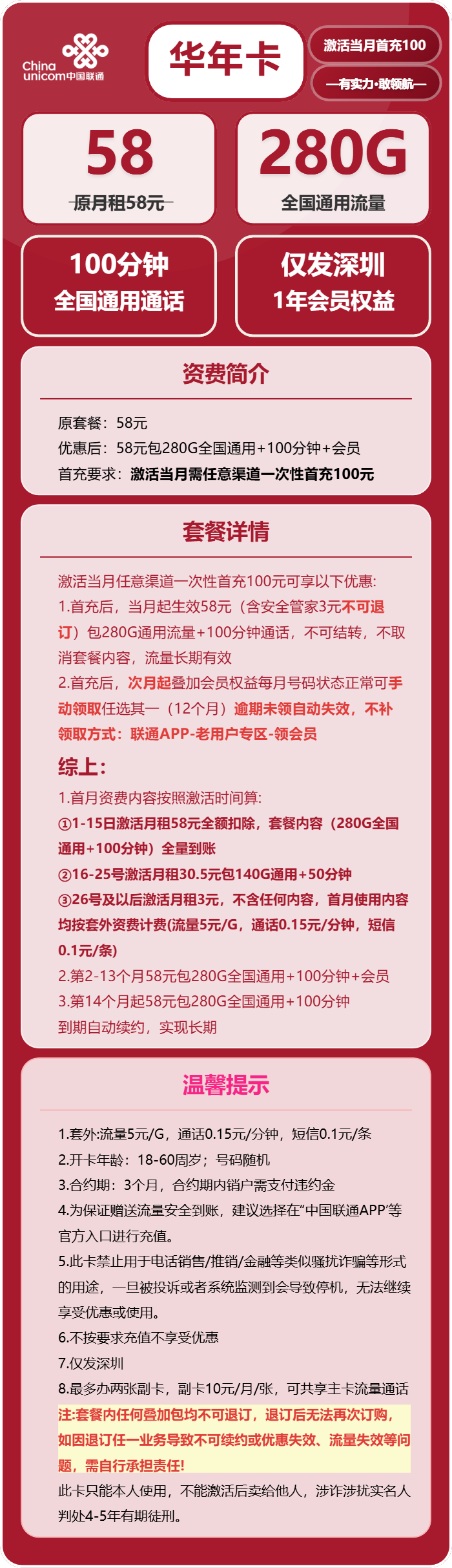 深圳联通华年卡详情