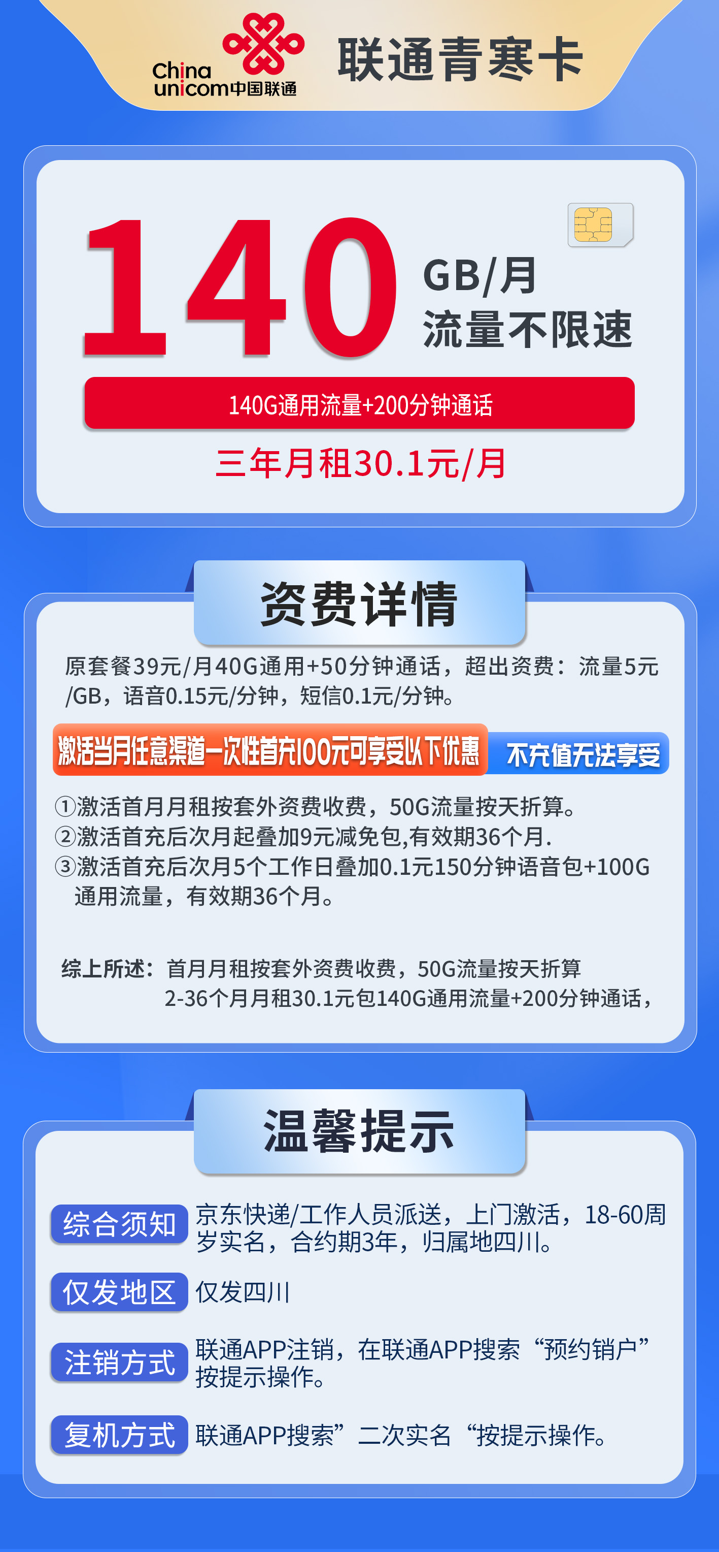 四川联通青寒卡详情