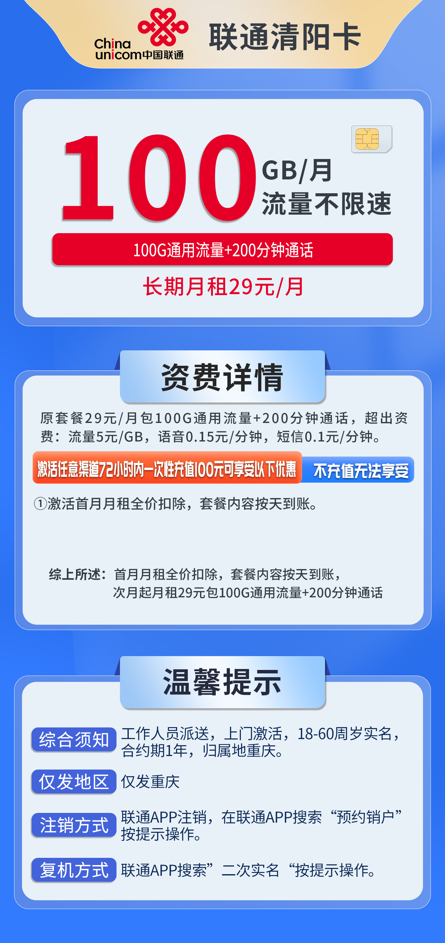 重庆联通清阳卡详情