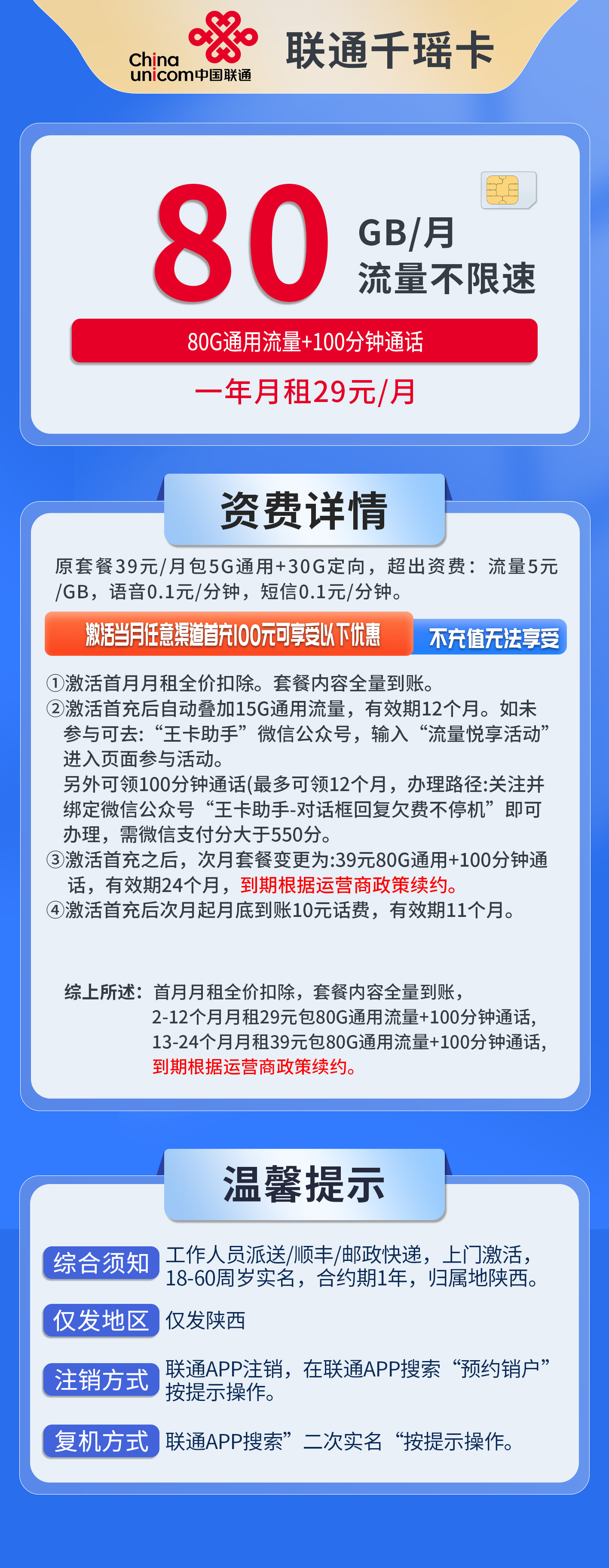 陕西联通千瑶卡详情