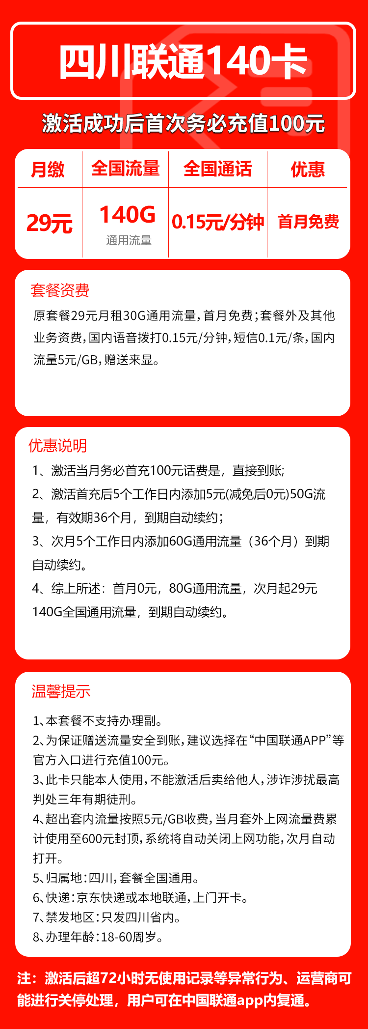 四川联通省内卡详情