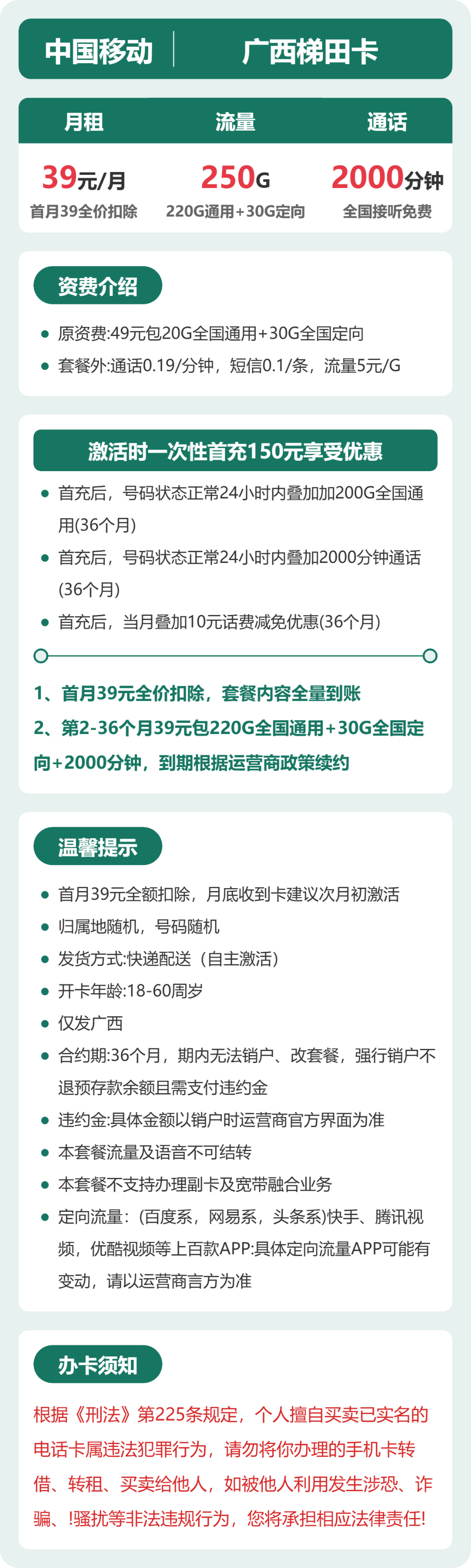 广西移动梯田卡详情