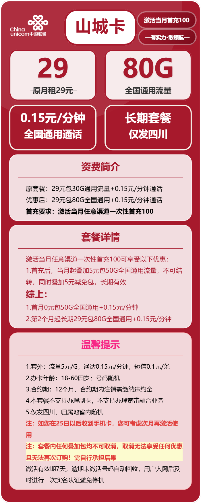 四川联通山城卡详情